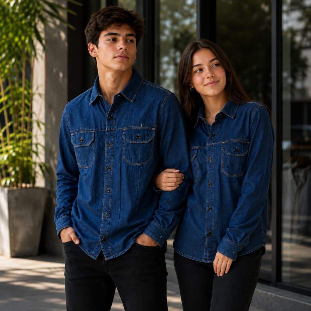 Camisa Jeans Juvenil Unissex Manga Longa Menino Menina 10 ao 16 Premium