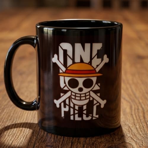 Caneca One Piece Preta Porcelana Luffy Chapéu De Palha 325 ml - Dia dos Pais - Presente para Pai