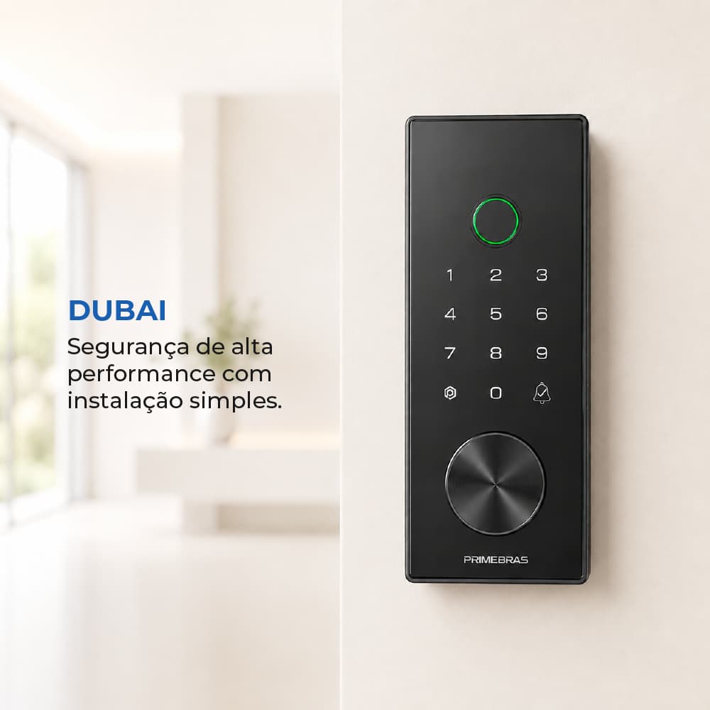 Fechadura Eletrônica Digital de Embutir Primebras Dubai Biometria Wi-Fi Abertura Remota App Google e Alexa Porta Madeira