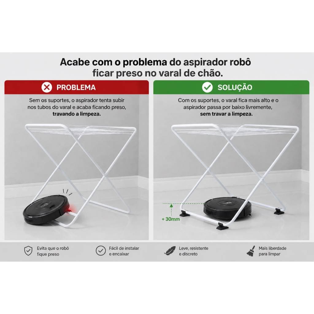 Suporte para Varal de Chão | Eleva 30mm e Evita Robô Aspirador Preso | 4, 8 ou 16 Peças