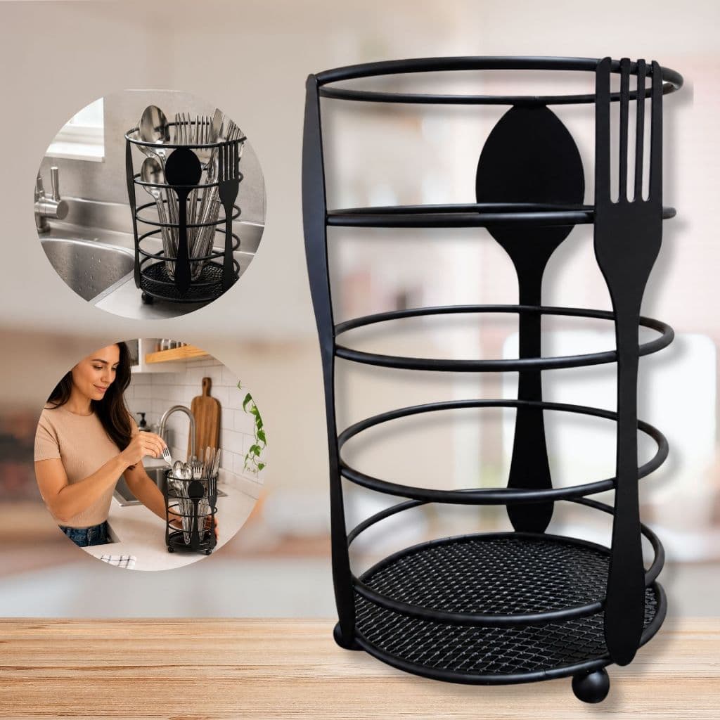 Porta Talheres Aramado Preto Organizador de Cozinha Bancada Suporte para Garfo Faca Colher Metal Resistente