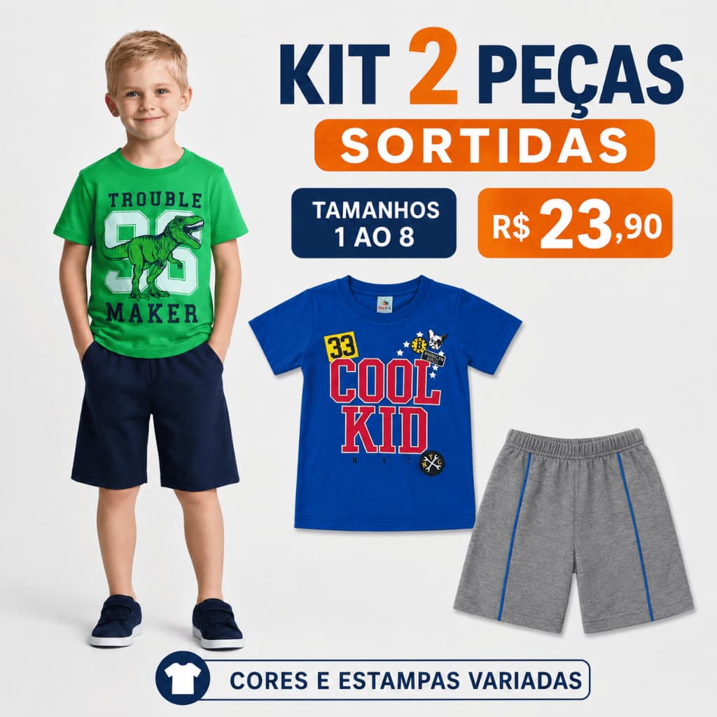 Conjunto Infantil Menino 2 Peças Sortidas Camiseta + Bermuda Tamanho 1 ao 8 Escola Presente Passeio
