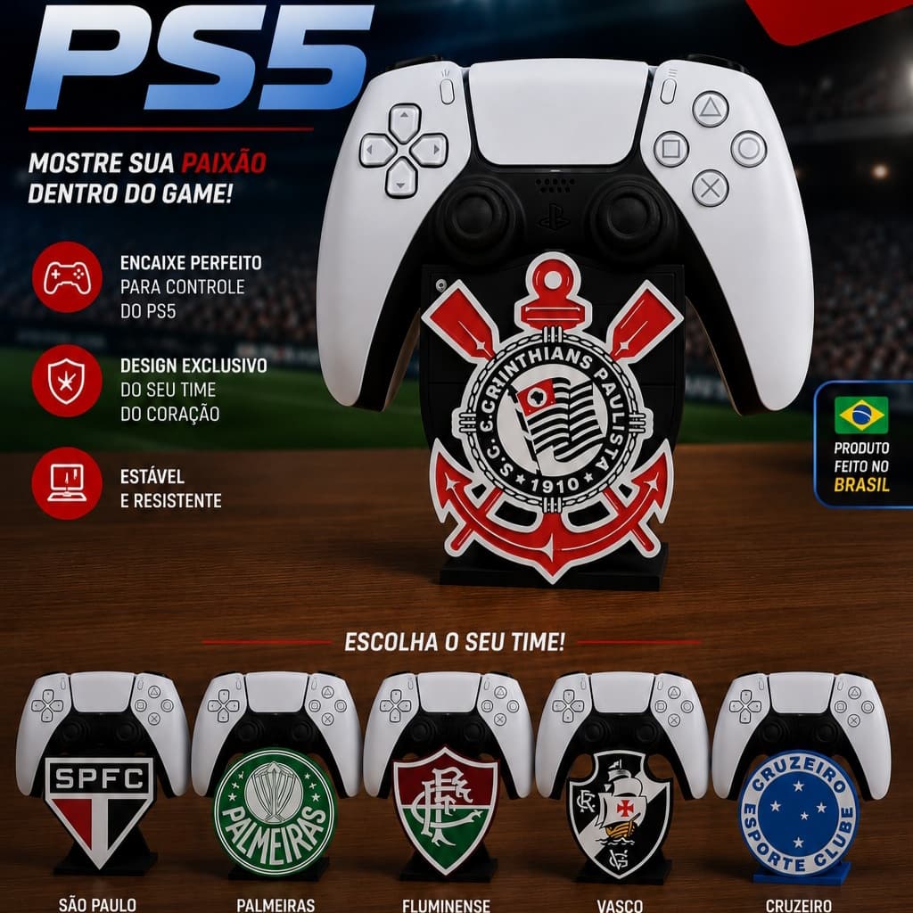 Suporte Controle PS5 Escudo Time Futebol Corinthians Palmeiras Vasco São Paulo atlético mineiro Cruzeiro Santos