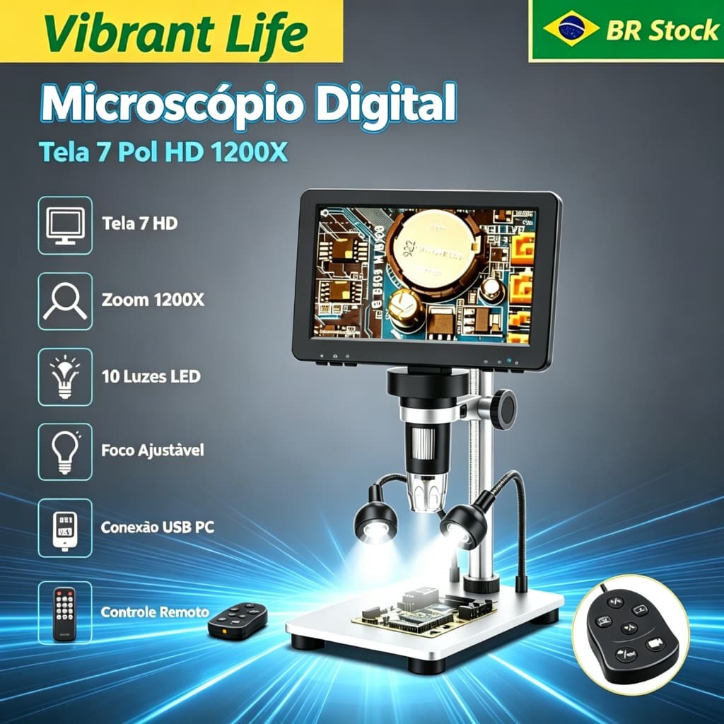 Microscópio Digital 1200X Full Hd 1080P para Vídeo Lupa Microscópio Com Fio Tela LCD De 7 Polegadas