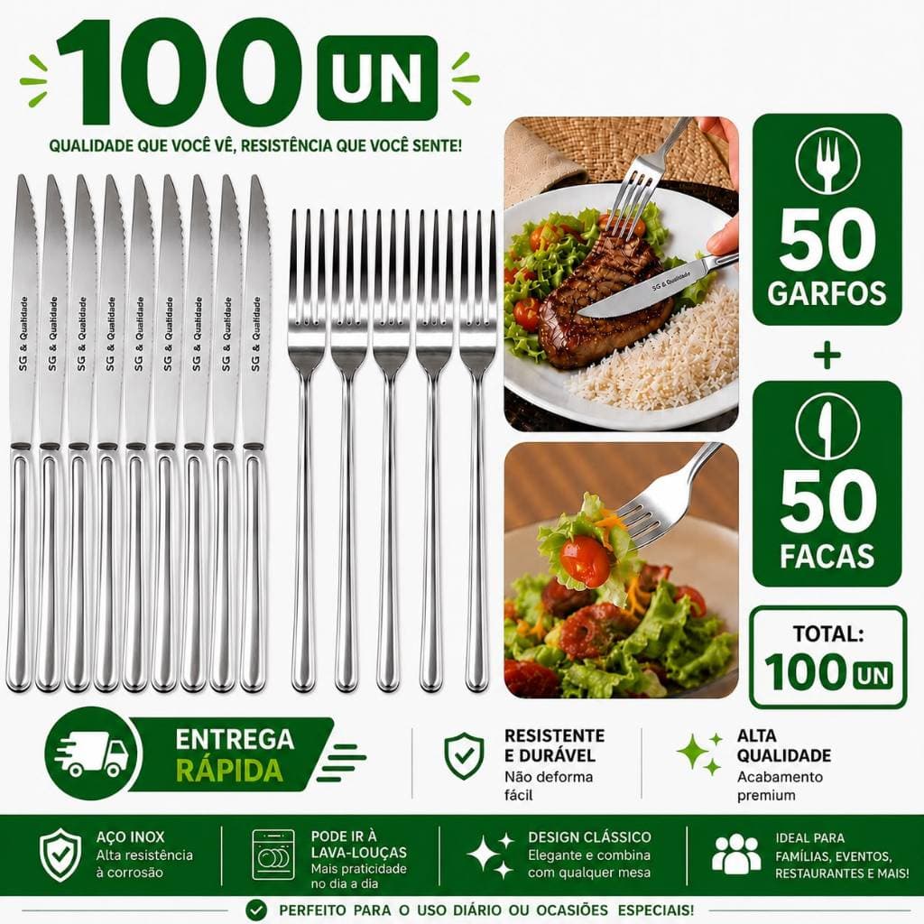 100 Talheres Inox 50 Garfos 50 Facas Faqueiro de Mesa Restaurantes Multifuncional Mesa Posta Refeicao Familia