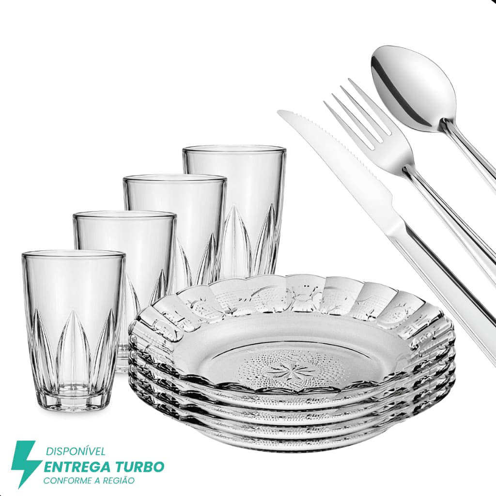 Aparelho de Jantar 20 Peças em Vidro e Inox - Pratos, Copos e Talheres - Conjunto Mesa Posta