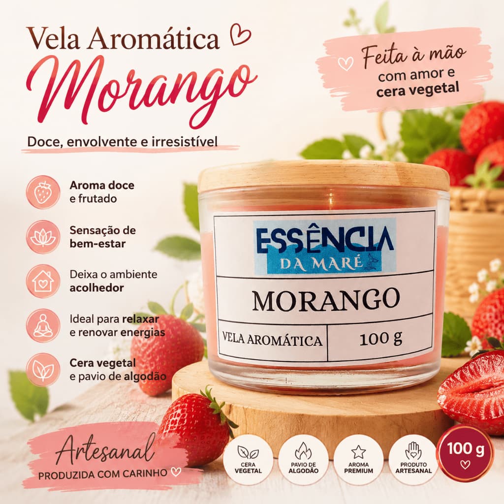 🍓 Vela Aromática Morango 100g Artesanal Essência Premium Perfumada Decoração