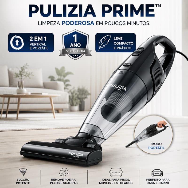 Aspirador de Pó Vertical e Portátil 2 em 1 Pulizia Prime 110V com Cabo Leve para Casa, Sofá, Estofados, Carro e Cantos .