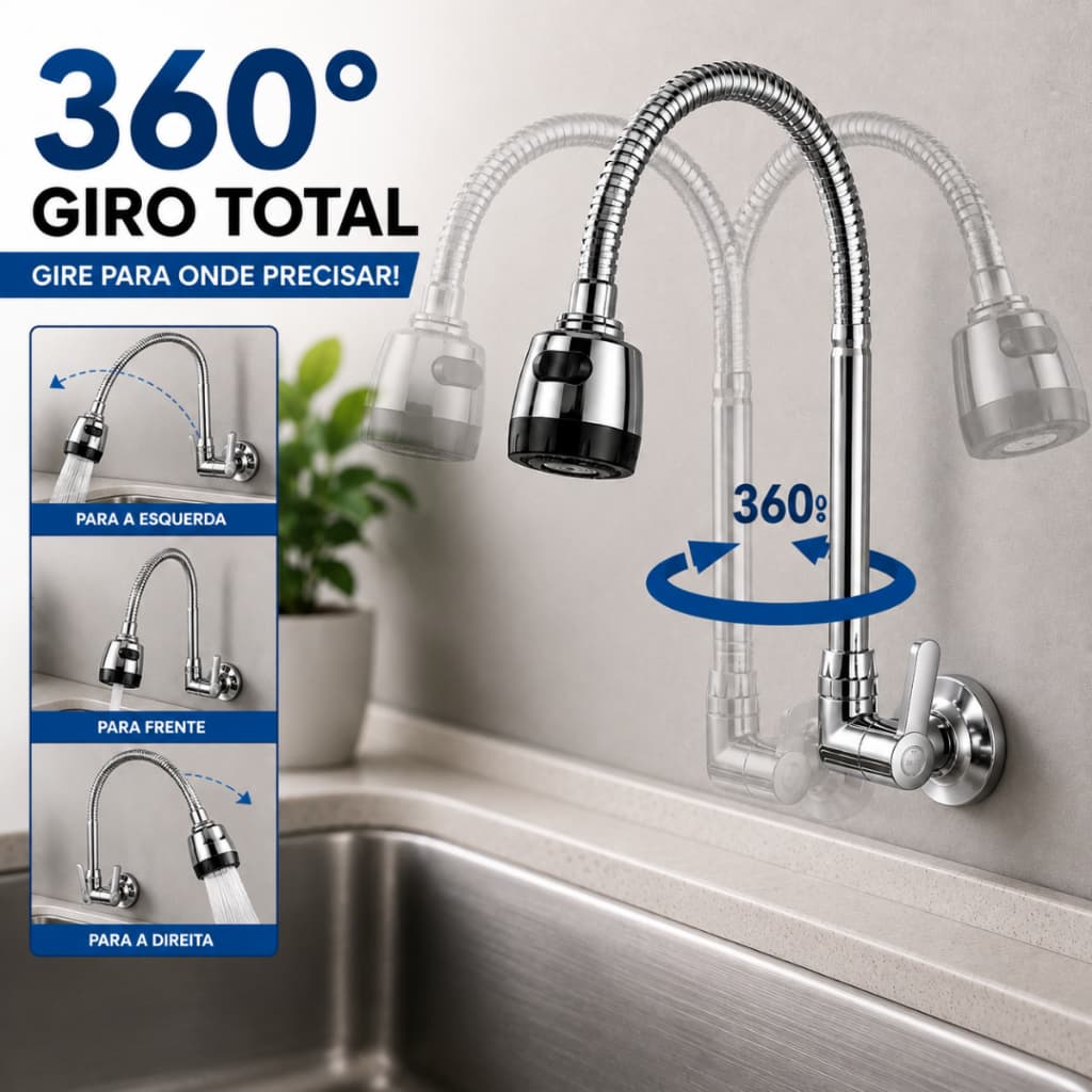 Torneira Inox 360° Gourmet Ducha de Parede Flexível Fácil Instalação 2 Jatos