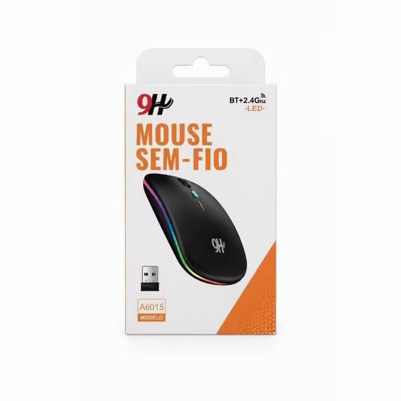 Mouse Sem Fio 9H A6015 Bluetooth + USB 2.4GHz LED Recarregável para PC, Notebook e Tablet