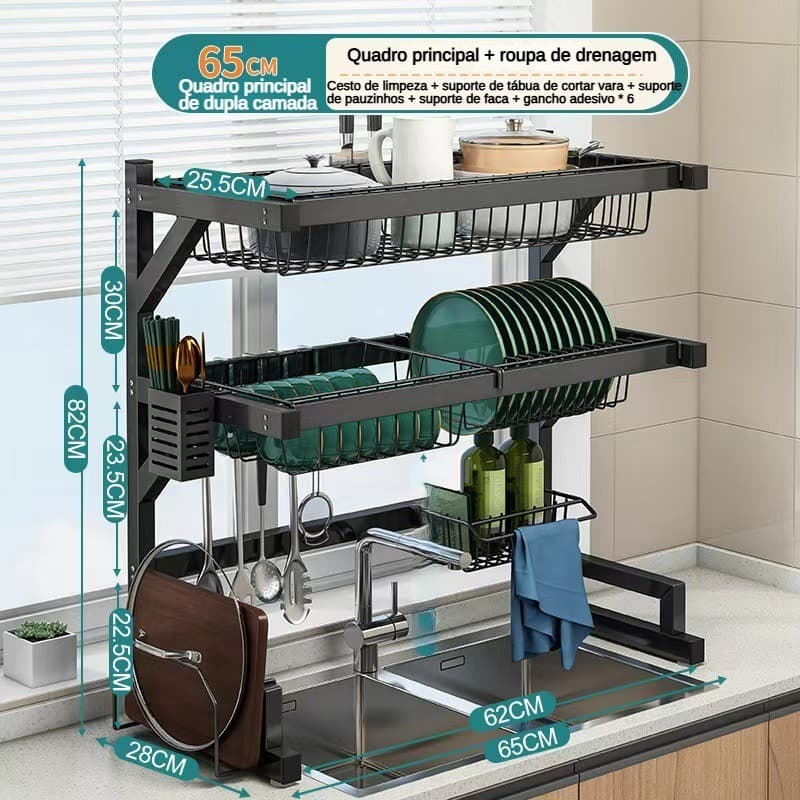 1/2Rack de pratos em camadas sobre a pia Rack Escorredor de pratos/Equipado com Suporte Para Esponja
