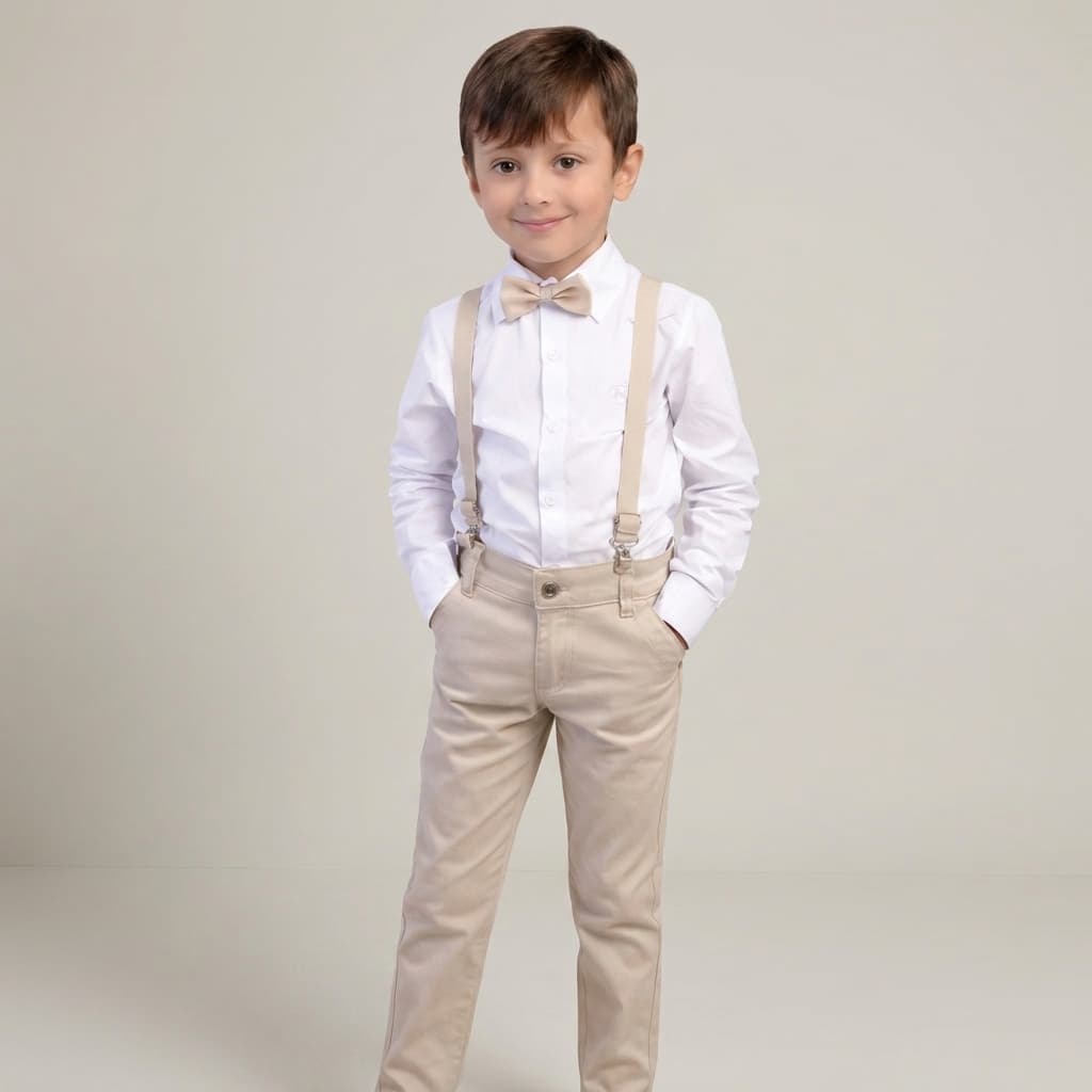 Conjunto Social Bege Menino Bebê Pajem Batizado Casamento Festa Camisa Branca Calça Suspensório Gravata Infantil