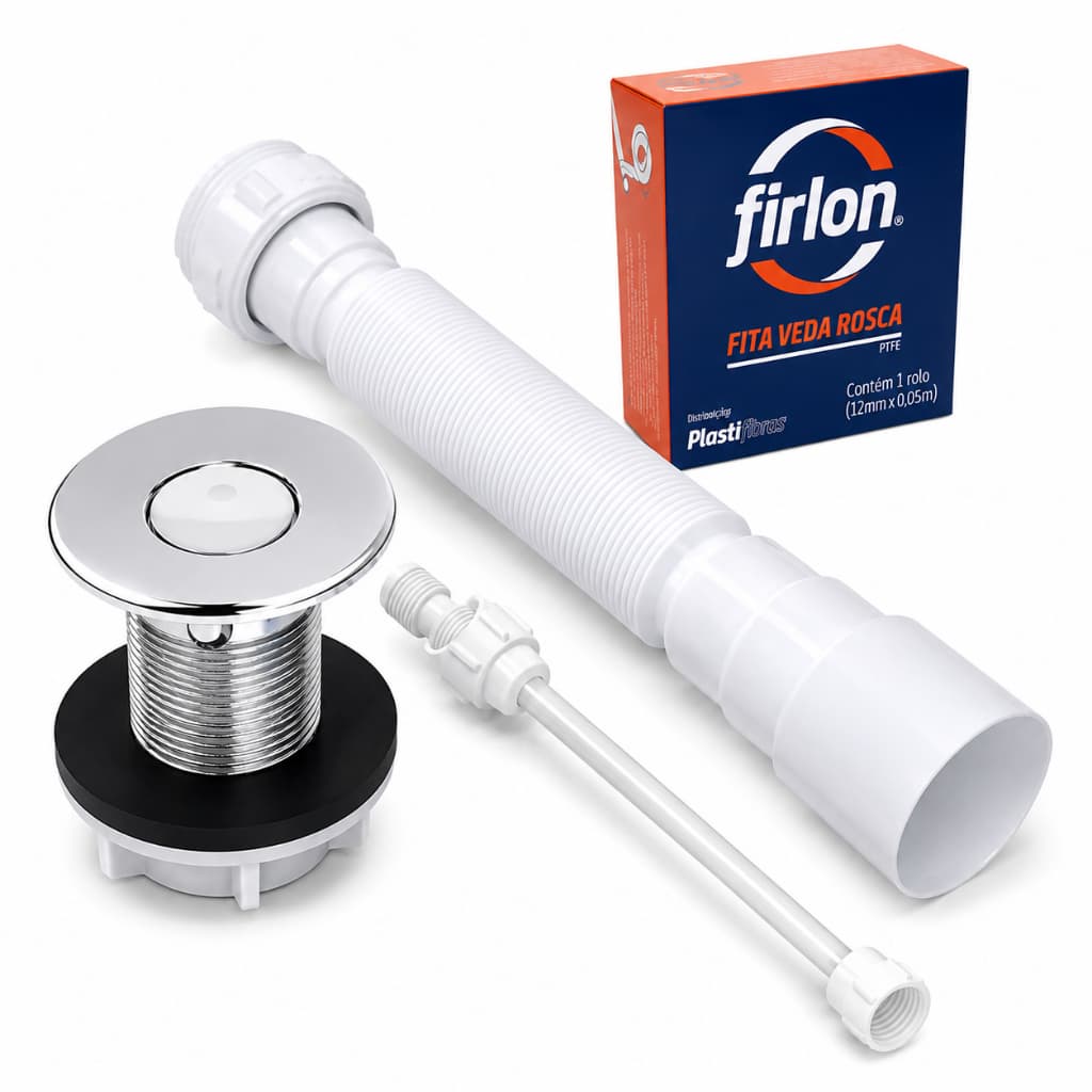 Kit Completo Para Lavatório – Válvula Cromada 7/8" + Sifão Extensivo + Engate 40CM + Fita Veda Rosca
