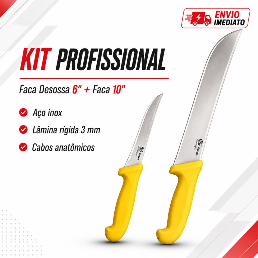 Kit Facas Profissionais Açougue Desossa 6” + Faca 10” Lâmina Inox 6mm para Carne Churrasco