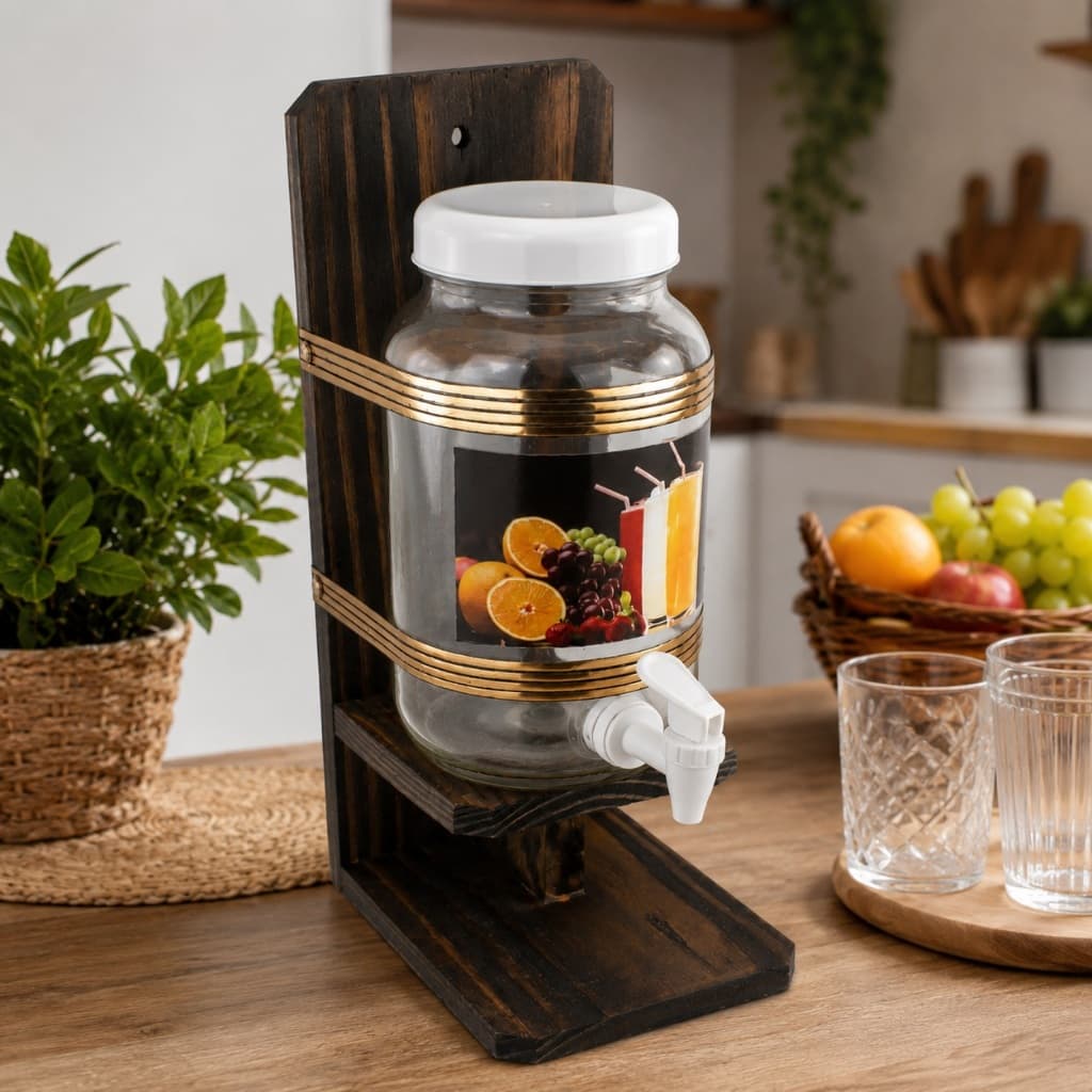 Suqueira de Vidro com Suporte em MDF Rústico e Torneira | Dispenser para Sucos, Água e Bebidas