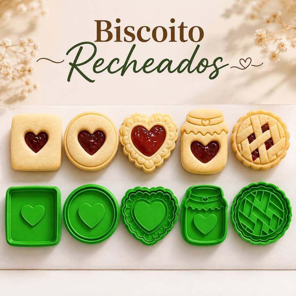 kit 5 moldes de biscoitos amanteigados recheados goiabada, chocolate, cortadores de bolachas