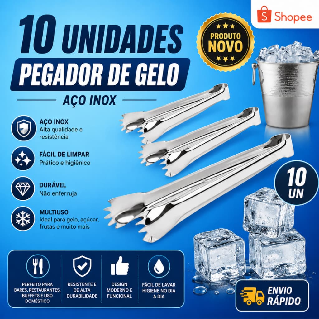 Conj  10 e 5  Pegador De Gelo  Aço Inox 18,5cm Pinça Com Garra Bar Drinks Profissional  SQ 4235