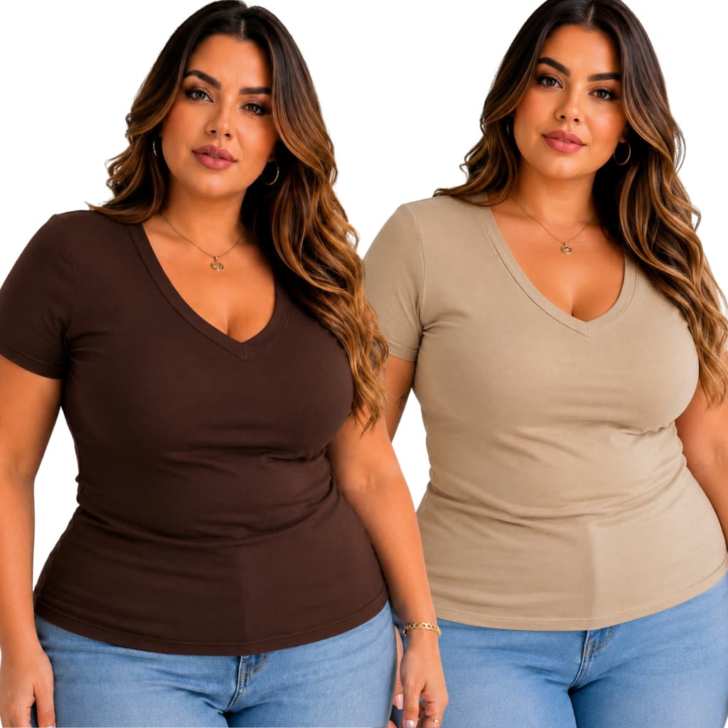 kit 2 Blusas Plus Size Feminina Viscolycra  Lisa Gola V G1 G2 G3  Marrom Basica Branca Confortável