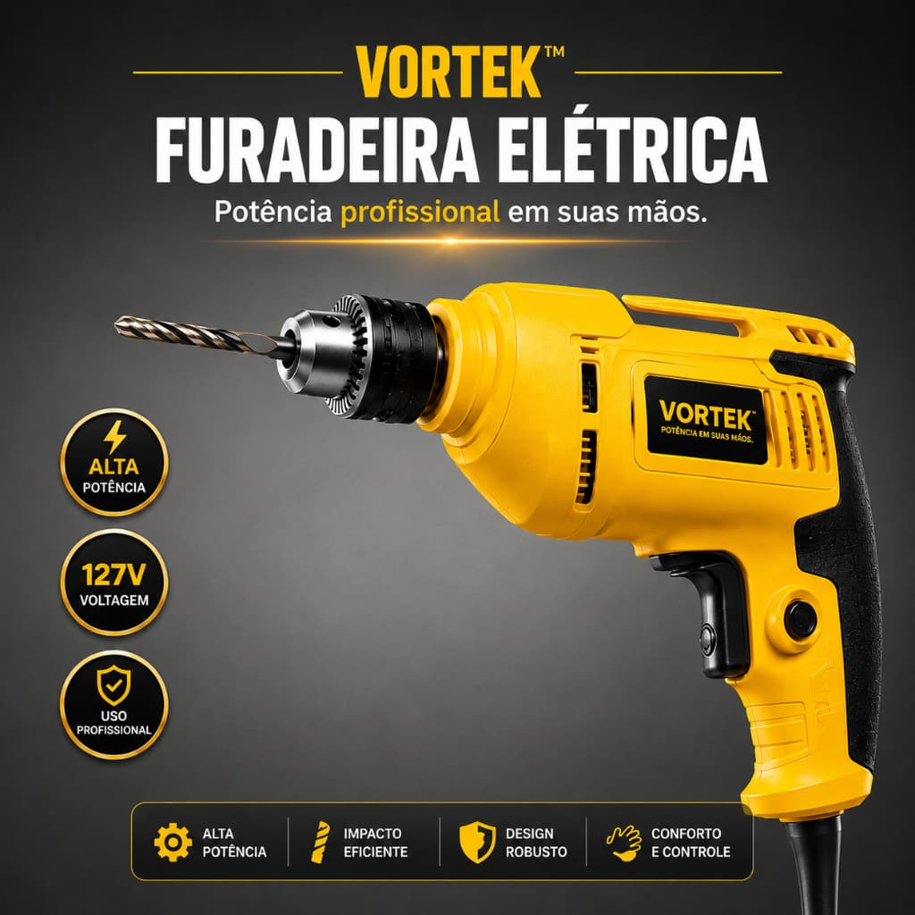 Furadeira Elétrica de Impacto127V Alta Potência Vortek Profissional Madeira Metal Alvenaria Construção