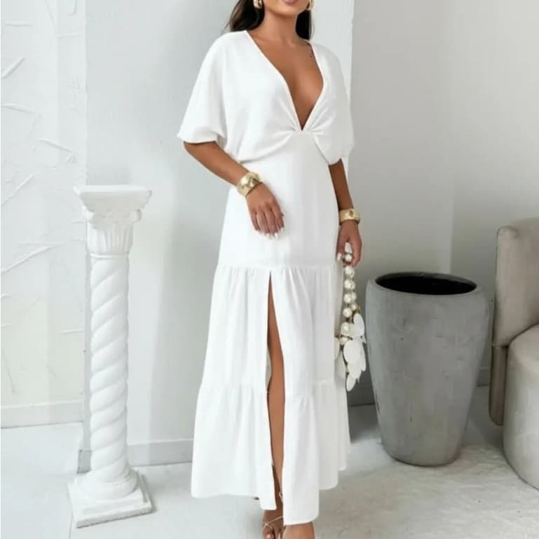 Vestido Valee Feminino Longo Babado Fenda Decote V Abertura Lateral Roupa Moda Tendência Verão Festa Natal Reveillon