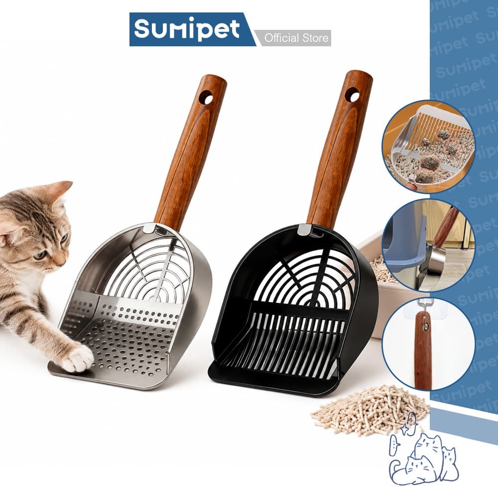 Pá Higiênica para Gatos em Aço Inox 304 com Cabo de Madeira para Caixa de Areia