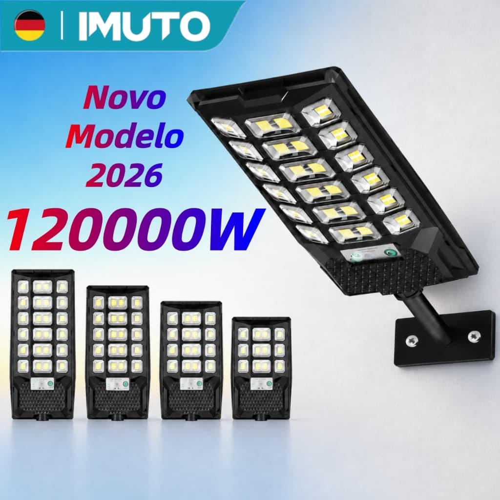 IMUTO Luminária Solar LED 120000W Poste de Rua IP66 à Prova D'Água com Sensor e Controle Remoto