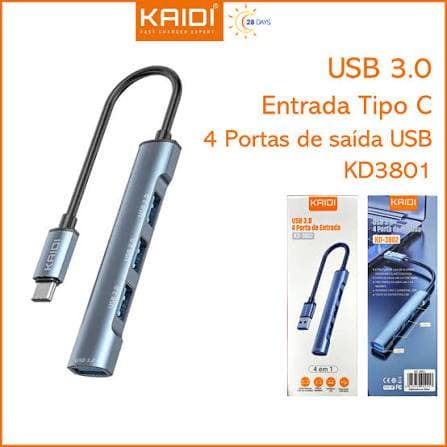 Adaptador Extensor Em Liga De Aluminio 4 Portas Hub Usb Kaidi 3.0 Com Switch Interface Tipo C