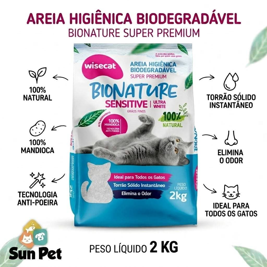 Areia para Gato Higiênica Biodegrádavel 100% Mandioca WiseCat Bionature Sensitive 2kgs Grãos Finos Elmina Odor