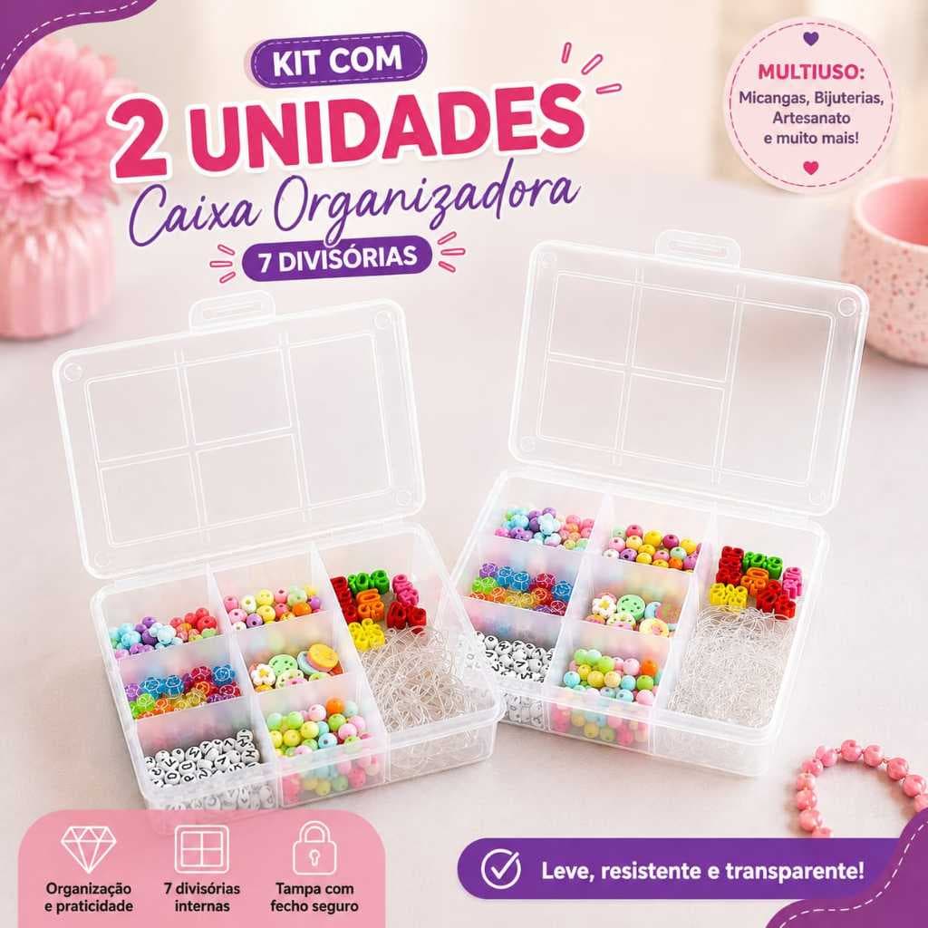 Kit Com 2 Caixas Organizadoras Transparentes Com Tampa Trava Segura 7 Divisorias Caixa Organizadora