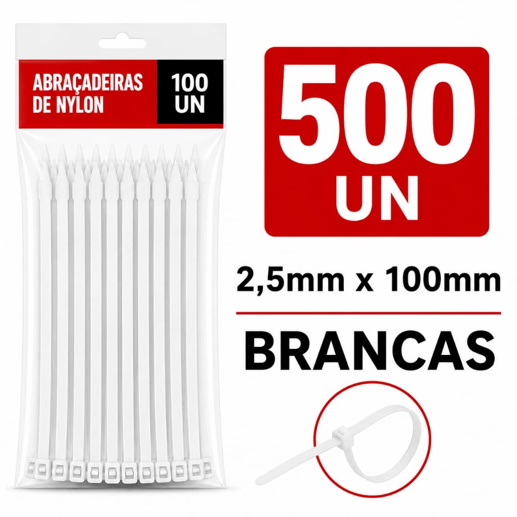500 Abraçadeiras Nylon 2,5mm X 100mm Brancas Enforca Gato Fitas PLásticas