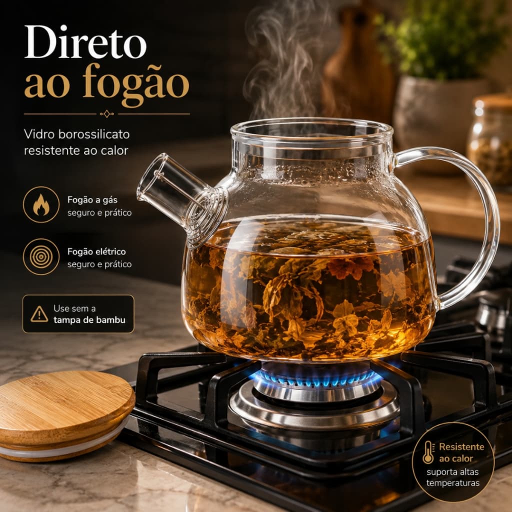 Chaleira de Vidro que Vai ao Fogo 1L Infusor Aço Inox Tampa Bambu Bule Borossilicato Chá e Café Pratitudo Essencial