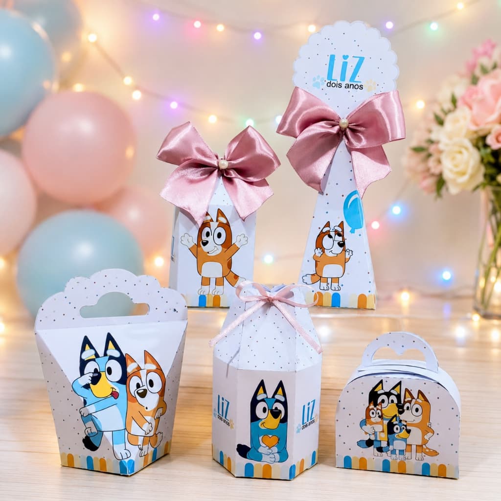 Kit Caixas Personalizadas para festas de aniversário, lembrancinhas TEMA BLUEY E BINGO PEGUE E MONTE