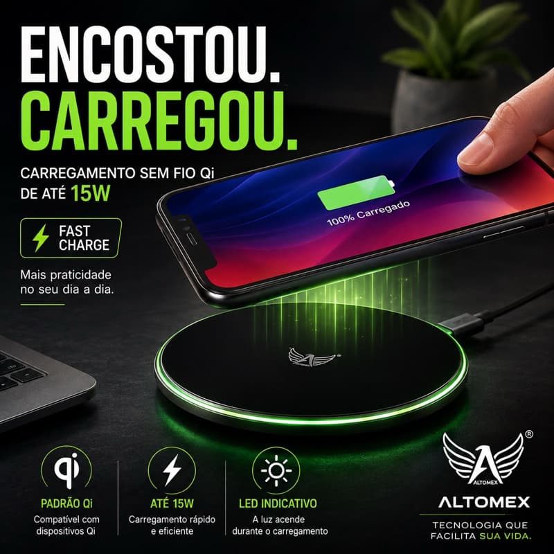 Carregador por Indução Sem Fio 15W Qi Fast Charge Altomex AW-69 com LED para Celular