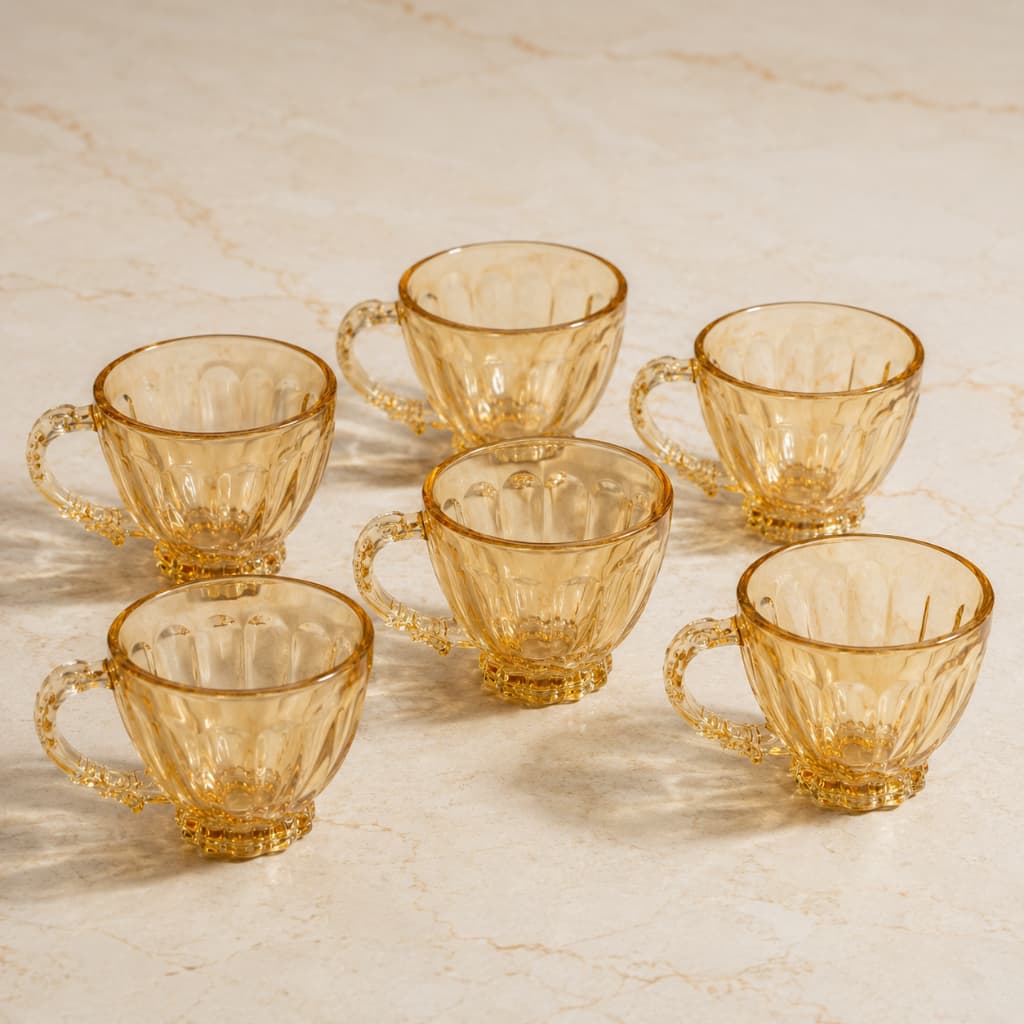 Jogo 6 Xícaras de Café 90ml Vidro Âmbar com Alça Decorada Xícara Espresso Elegante Presente