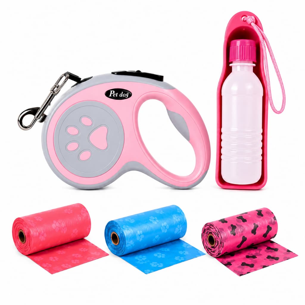 Kit Passeio Completo - Trela retrátil 5m com bebedouro Rosa + refil de sacos higiênicos