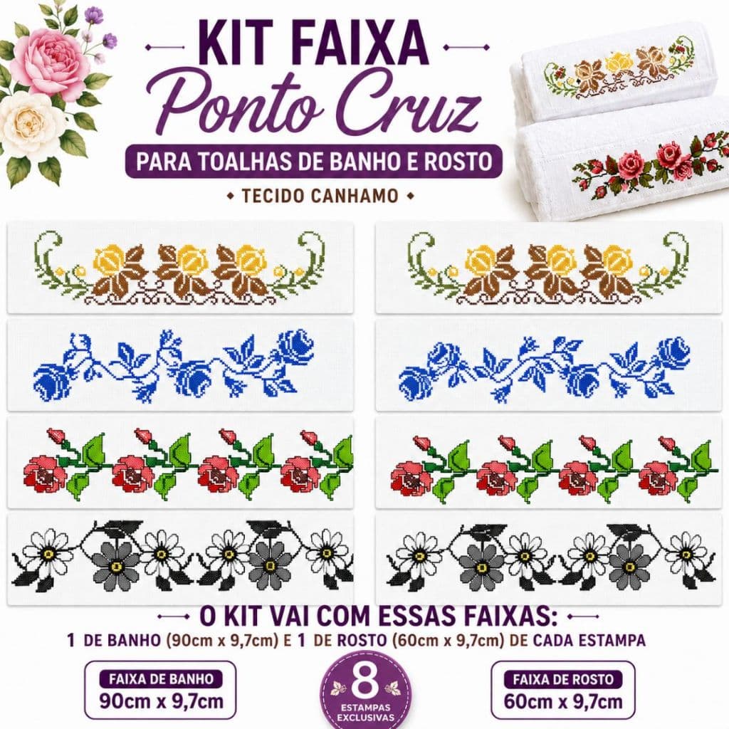 KIT 8 FAIXA DE PONTO CRUZ PARA TOALHAS DE BANHO E ROSTO ( 1 BANHO 1 ROSTO DE CADA ESTAMPA) ARTESANATO EM GERAL