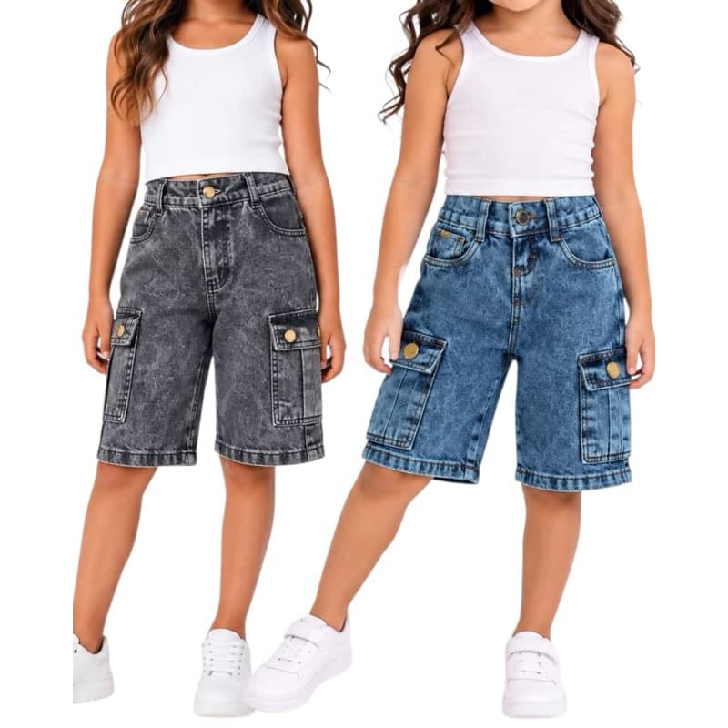 🔥 SHORT CARGO PEDAL INFANTIL E JUVENIL FEMININO JEANS | TAM 2 AO 16 | COM REGULADOR NA CINTURA