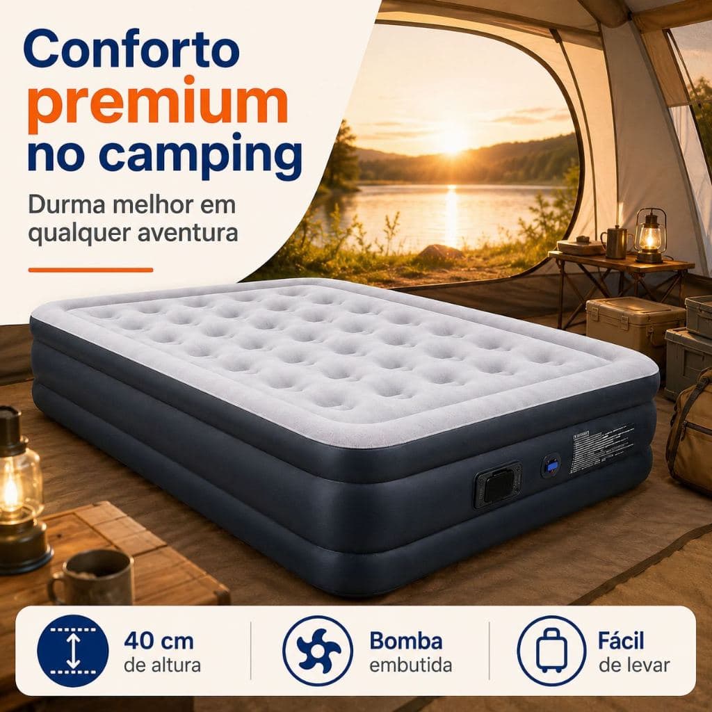 [São Paulo tem estoque] Colchão de Ar Inflável Casal Queen 180x200x40cm com Bomba Elétrica Tipo C para Camping