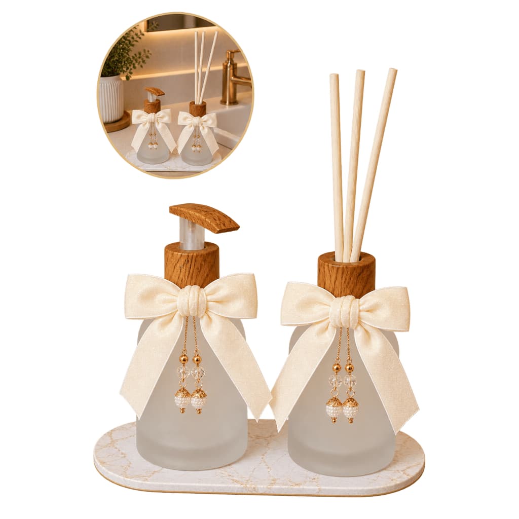 Kit Lavabo Luxo Vidro 6 Peças Difusor Saboneteira Bandeja Flor Difusora Kit  Personalizado