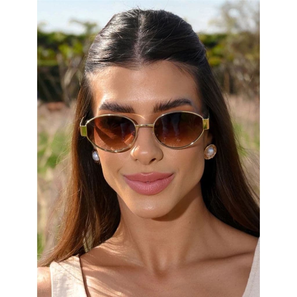 Óculos de Sol Feminino Oval UV400 Proteção UV Metal Acessório Moda Retrô Lente Degradê Armação Dourada Feminina