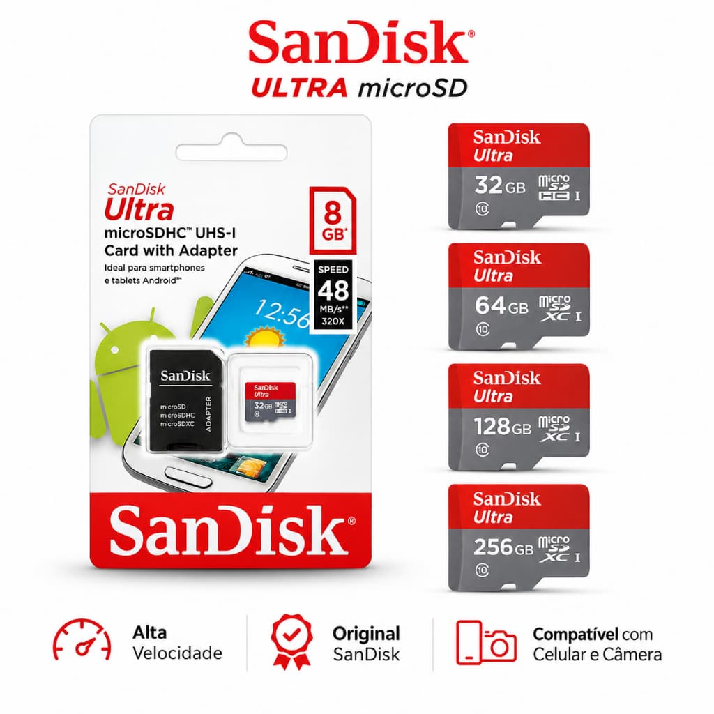 Cartão de Memória MicroSD SanDisk Ultra 32GB a 256GB Classe 10 UHS-I com Adaptador SD