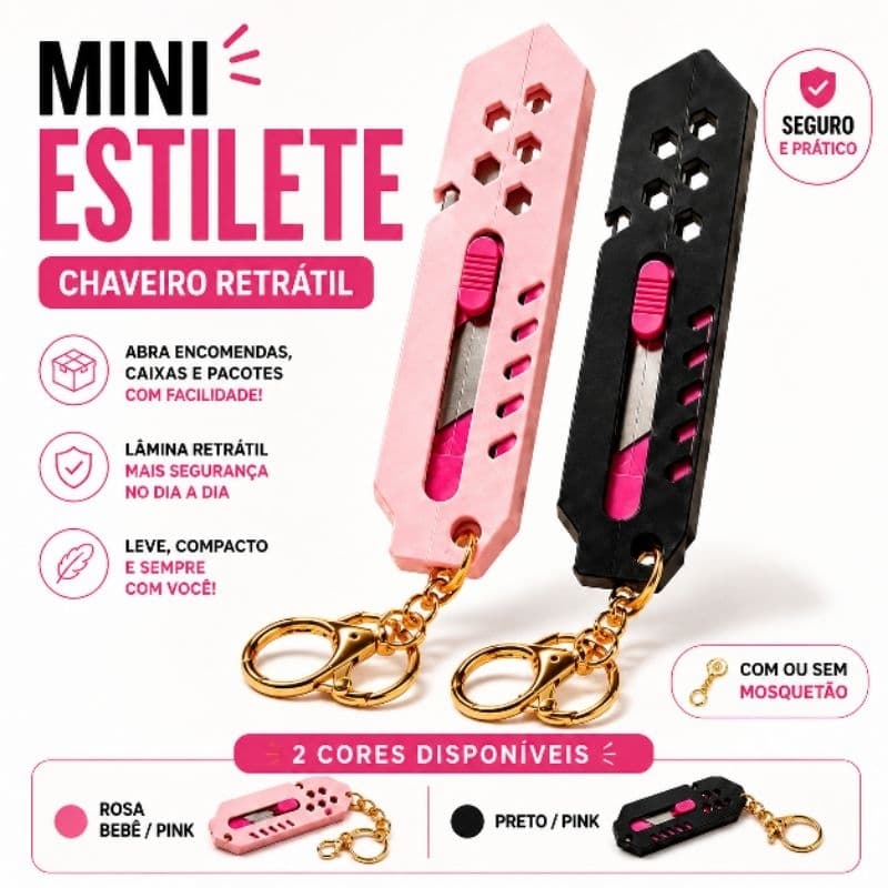 Mini Estilete Chaveiro Portátil de Bolso | compacto | Com Sem Mosquetão | Cortador de Embalagens | Abridor de Encomendas
