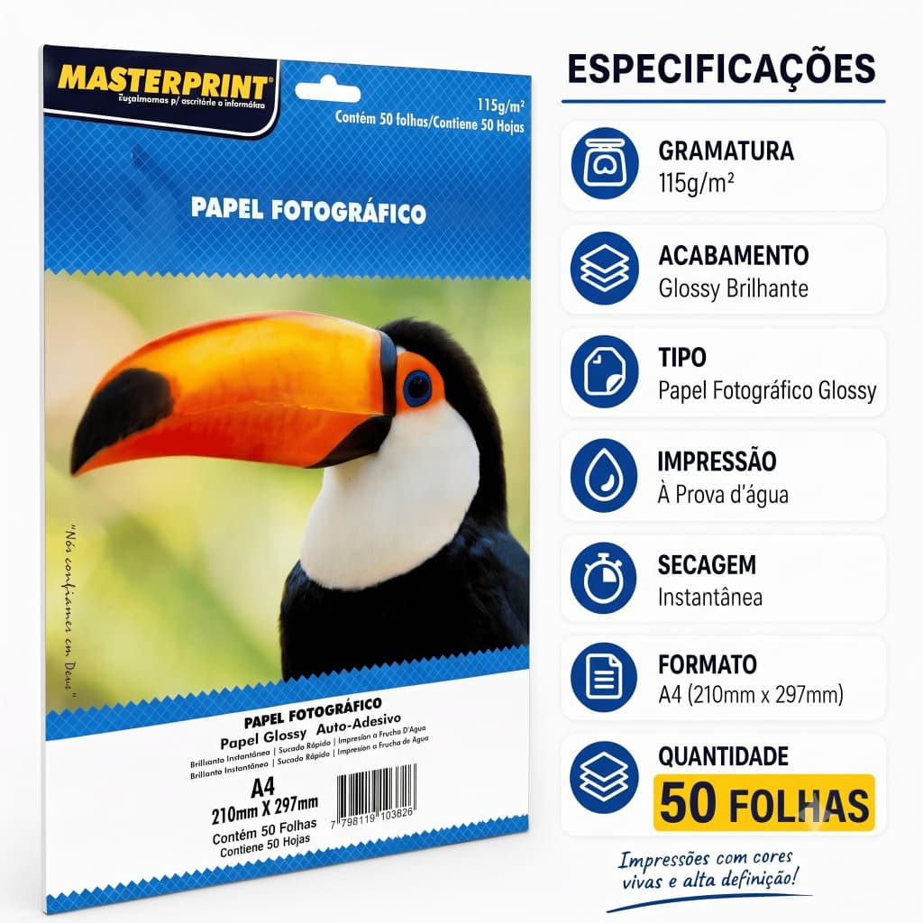 Papel Fotográfico Glossy A4 115g 50 Folhas Secagem Rápida Alta Qualidade