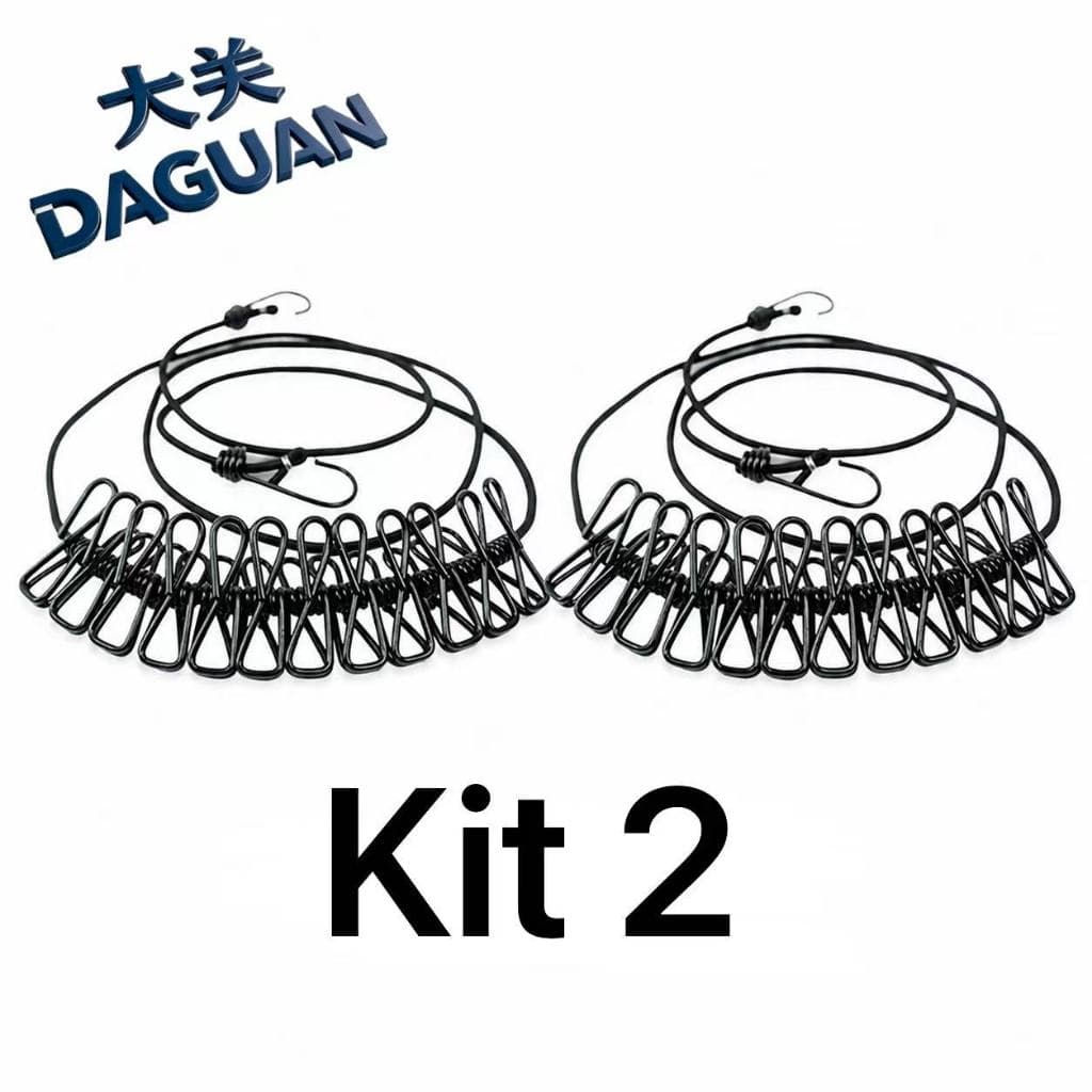 Kit 2 Varais Elásticos Portáteis Retráteis com 12 Prendedores para Viagem, Camping e Secagem de Roupas