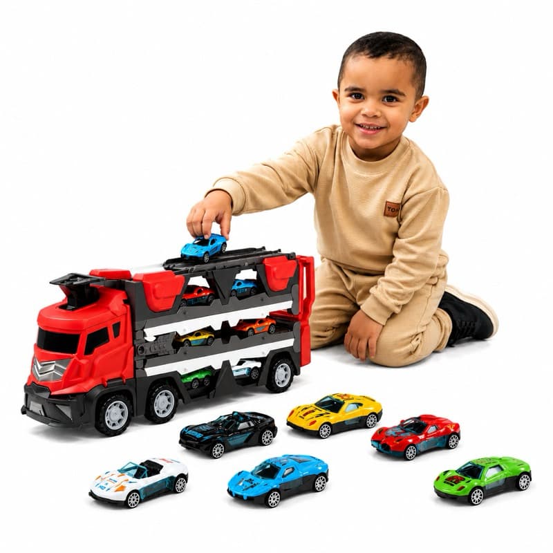 Brinquedo Caminhão Cegonheira Carreta Transporte Pista e Carrinhos Mais Lançador Brinquedos Infantil