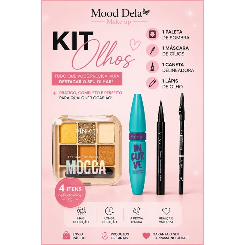 Paleta de Sombras + Máscara de Cílios + Delineador + Lápis de Olho