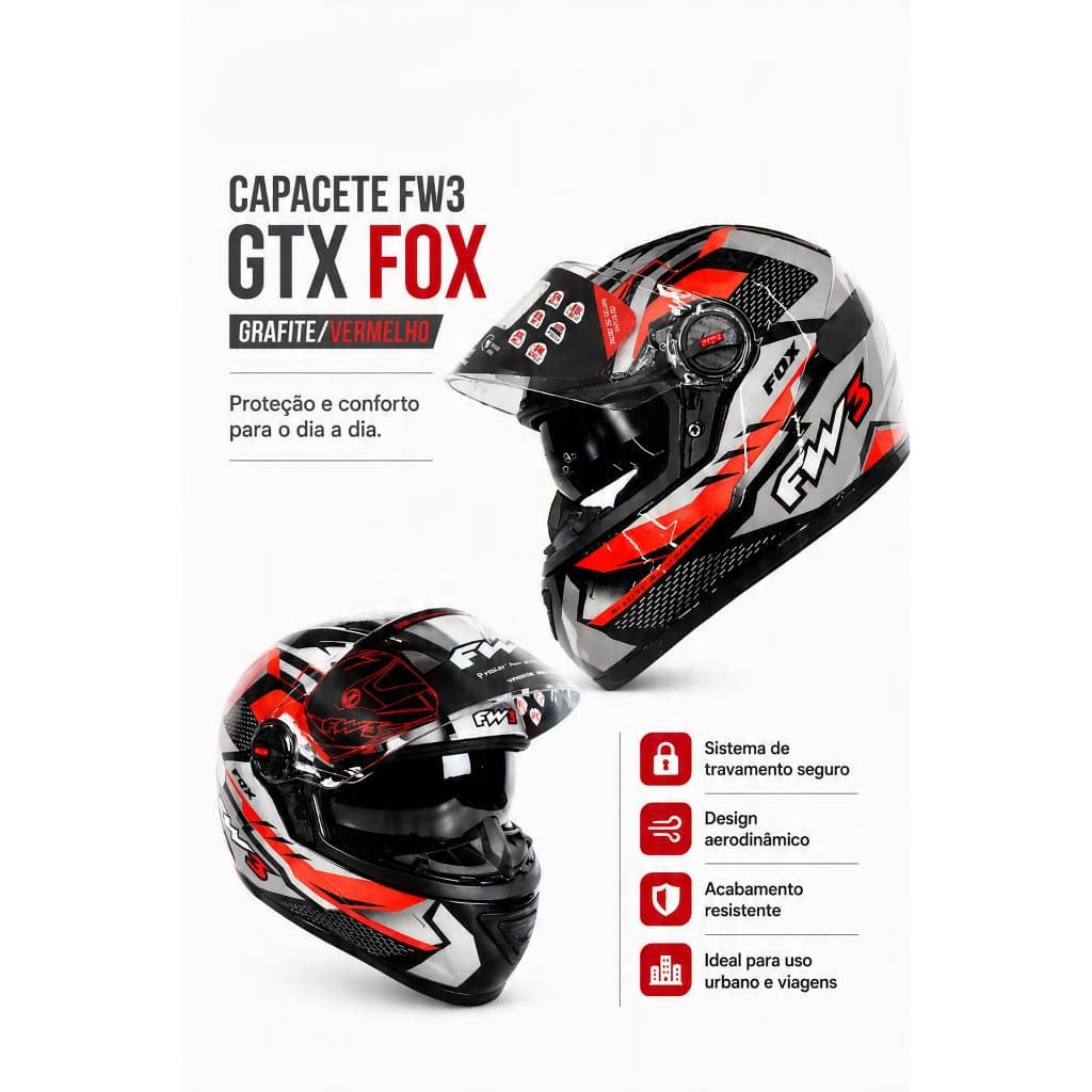 Capacete FW3 GTX Fox Grafite Vermelho Com Óculos Interno E Viseira Cristal