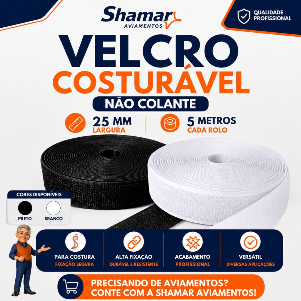 Velcro Fecho de Contato Costurável 25mm x 5 Metros Macho e Fêmea