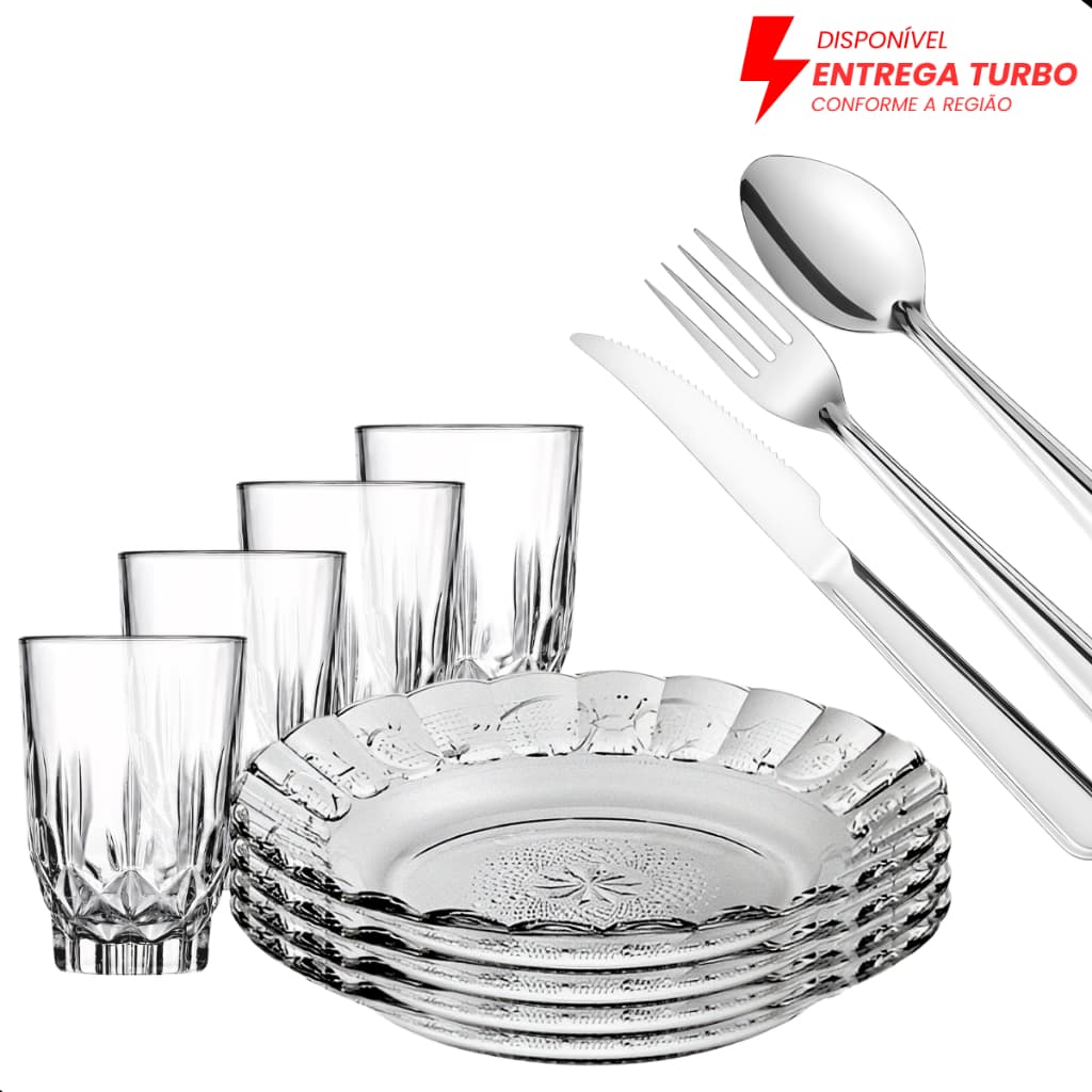 Aparelho de Jantar 20 Peças em Vidro - 4 Pratos Fundos, 4 Copos 230ml + 12 Talheres Inox