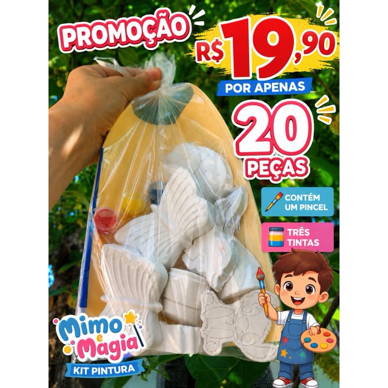 Kit Pintura Infantil 20 peças para Colorir | Gesso + 3 Tintas + Pincel